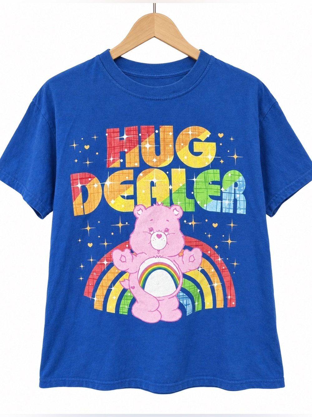 Care Bears Hug Dealer T Shirt Small S Blue Graphic Tee Rainbow Cheer Bear Retro